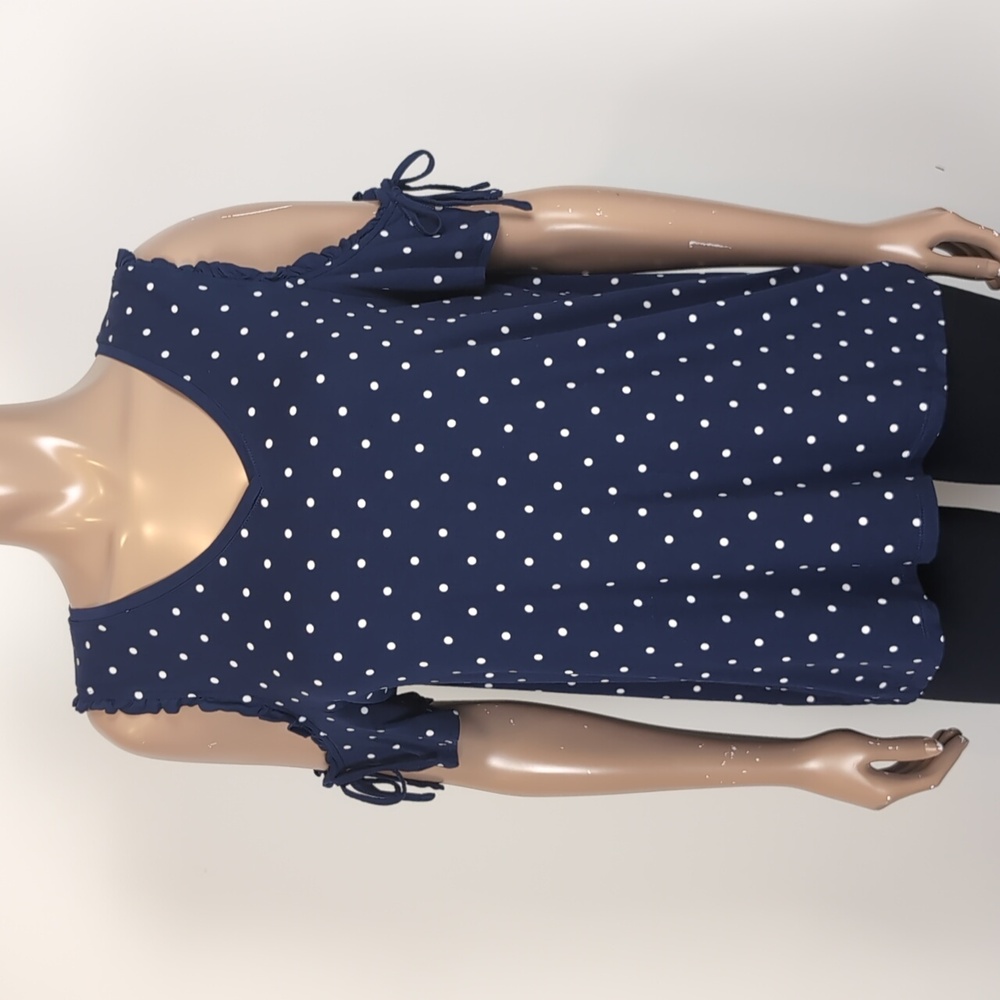 💠 REITMANS Cold Shoulder Polka Dot Top Ruffle Short Sleeve Vneck Navy Blouse - Picture 9 of 9